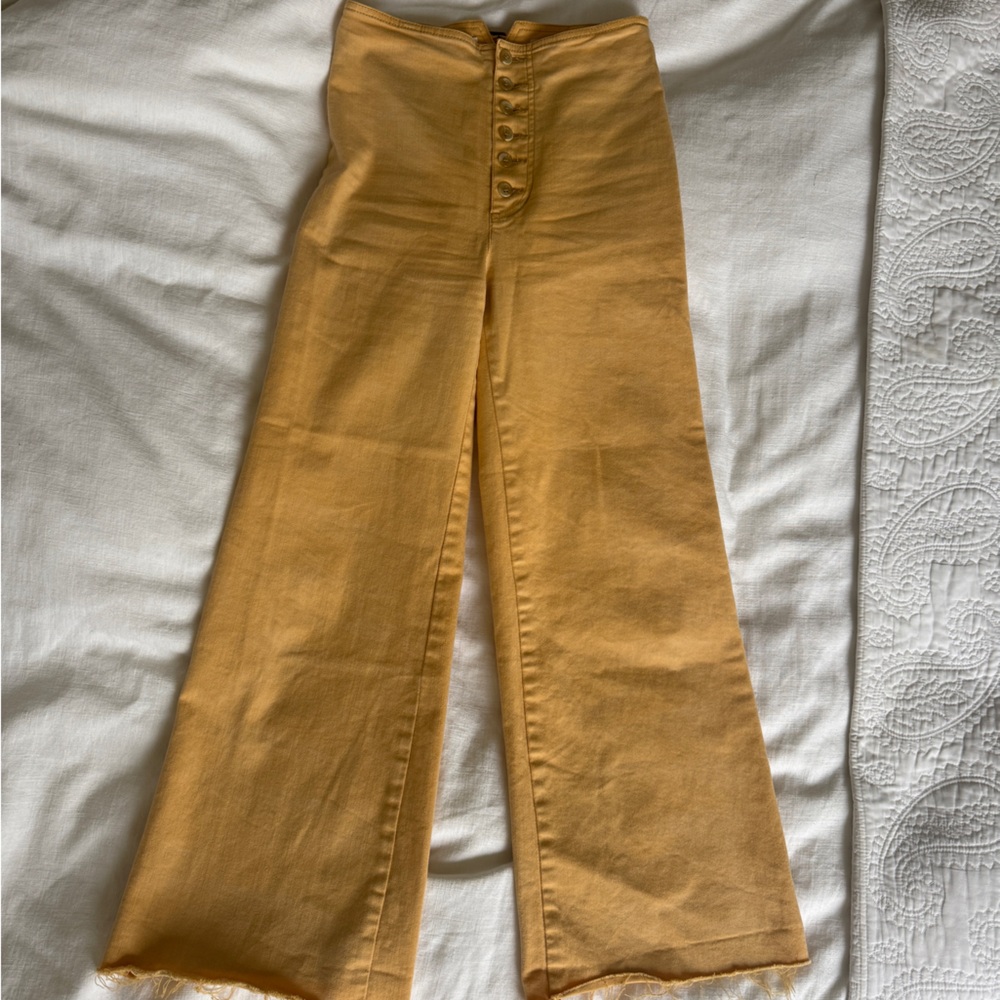 Anthropologie Pilcro butter yellow wide legs pants, button fly, raw hem, size 25